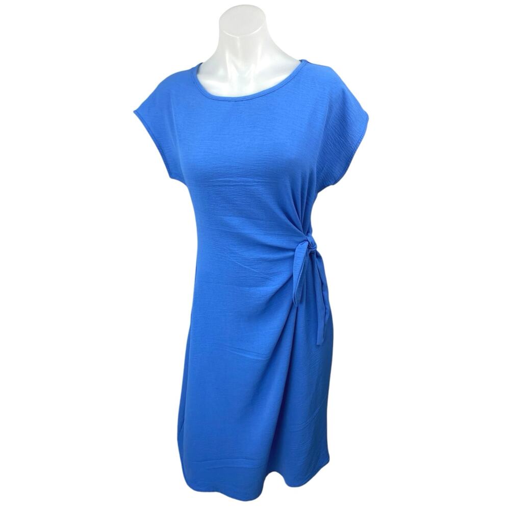 See You Monday Blue Short Sleeve Tie Waist Round Neck A Line Midi Dress Size S